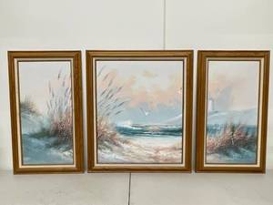 Coastal Triptych Canvas Painting Set Lighthouse Sea Oats Signed