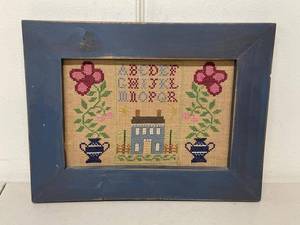 Framed Needlepoint Alphabet House Sampler Folk Art Blue Wood Frame