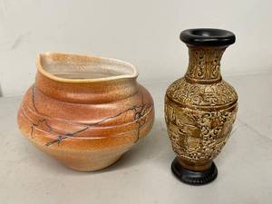 Decorative Ceramic Vase Pair Art Pottery & Asian Relief Decor