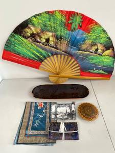 Decorative Wall Fan Carved Wood Tray Round Plaque and Textile Accessories Lot