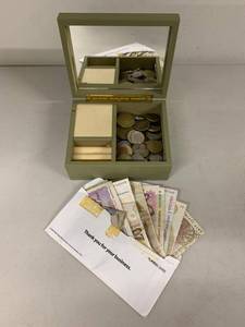Decorative Mirrored Keepsake Box w Mixed World Coins & Currency Lot