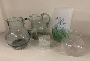 Decorative Art Glass Vase & Pitcher Lot 5 Pc Frosted Swirl Textured