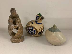 Decorative Art Sculpture Lot Stone Family & Ceramic Bird Figures 3pc