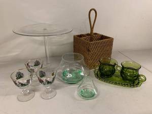 Mixed Vintage Glassware Lot Cake Stand Green Glass Set Basket Caddy