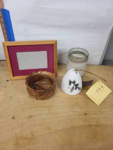 Mixed Lot of 4 Decorative Items - Hawaii Hardwoods Bowl, Candle, Wind Bell & Frame