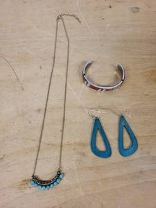 Rlm China Turquoise Jewelry Lot of 3 - Necklace, Earrings & Inlay Cuff