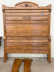 Antique Oak Full Size Bed Frame Carved Floral Headboard 56in Wide