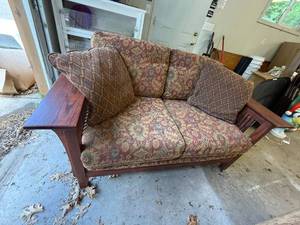 Mission Style Upholstered Loveseat Oak Frame Slat Arms Good Cond