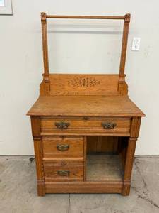 Antique Oak Washstand Vanity Cabinet w Towel Bar 31x17x48 Good
