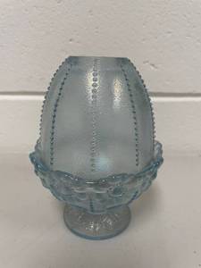 VTG Fenton Light Blue Pressed Glass Fairy Lamp Dome Candle Holder 2-Piece Set