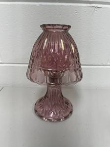 Vintage Pink  Amethyst Pressed Glass Pedestal Fairy Lamp Floral Pattern