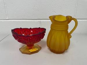 Lot Including John E Kemple Footed Bowl Compote & Frosted Amber Mini Pitcher Vtg