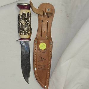 Decora "Solingen Germany" Elk Horn Handle Carved, Leather Sheath