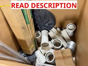 Miscellaneous tote of PVC and BathroomKitchen hardware. Untested. Possible missing parts&nbsp