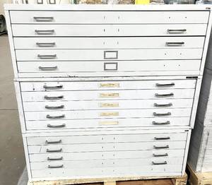 MSRP $12,000 – (3) Mayline/Safco Flat File Storage System, 15 Drawer Oversize Blueprint Map Cabinet Set, Heavy Duty Steel Drafting Files For Engineers Print Shops - See Pics For Exterior Condition *All Drawers Clean Inside &amp; Glide Smooth!