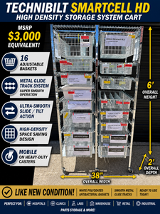 MSRP $3,000 Technibilt SmartCell HD Storage Cart - 16 White Polycoated Baskets wRemovable Inserts, Smooth Height Adjustable Metal Glide Track System, 6ft Mobile Unit, High Density Storage Organizer for Warehouse Shop Garage Retail Inventory - Like New