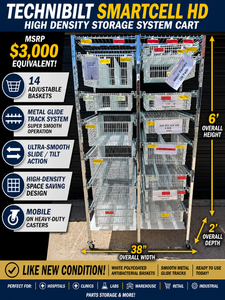 MSRP $3,000 Technibilt SmartCell HD Storage Cart - 14 White Polycoated Baskets wRemovable Inserts, Smooth Height Adjustable Metal Glide Track System, 6ft Mobile Unit, High Density Storage Organizer for Warehouse Shop Garage Retail Inventory - Like New