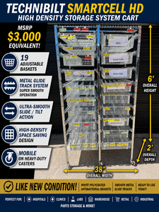 MSRP $3,000 Technibilt SmartCell HD Storage Cart - 19 White Polycoated Baskets wRemovable Inserts, Smooth Height Adjustable Metal Glide Track System, 6ft Mobile Unit, High Density Storage Organizer for Warehouse Shop Garage Retail Inventory - Like New