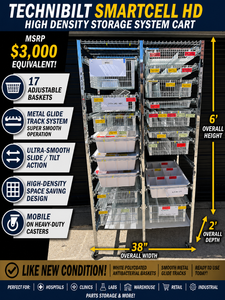 MSRP $3,000 Technibilt SmartCell HD Storage Cart - 17 White Polycoated Baskets wRemovable Inserts, Smooth Height Adjustable Metal Glide Track System, 6ft Mobile Unit, High Density Storage Organizer for Warehouse Shop Garage Retail Inventory Like New
