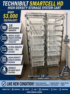 MSRP $3,000 Technibilt SmartCell HD Storage Cart - 16 White Polycoated Baskets wRemovable Inserts, Smooth Height Adjustable Metal Glide Track System, 6ft Mobile Unit, High Density Storage Organizer for Warehouse Shop Garage Retail Inventory - Like New