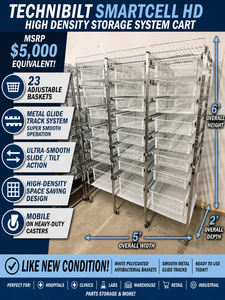 WOW MSRP $5,000 Technibilt SmartCell HD Storage Cart - 23 White Polycoated Baskets wRemovable Inserts, Smooth Height Adjustable Metal Glide Track System, 6ft Mobile Unit, High Density Storage Organizer for Warehouse Shop Garage Retail Inventory Like New