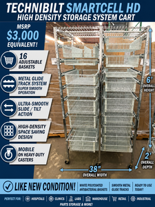 MSRP $3,000 Technibilt SmartCell HD Storage Cart - 16 White Polycoated Baskets wRemovable Inserts, Smooth Height Adjustable Metal Glide Track System, 6ft Mobile Unit, High Density Storage Organizer for Warehouse Shop Garage Retail Inventory - Like New