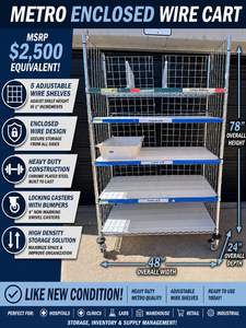 MSRP $2,500  Metro Enclosed Wire Storage Cart, 5 Adjustable Shelves, Locking Casters w Bumpers, 78in Mobile Unit, Heavy Duty Steel Organizer for Warehouse Shop Garage Inventory Storage - Like New