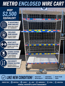 MSRP $2,500  Metro Enclosed Wire Storage Cart, 5 Adjustable Shelves, Locking Casters w Bumpers, 78in Mobile Unit, Heavy Duty Steel Organizer for Warehouse Shop Garage Inventory Storage - Like New