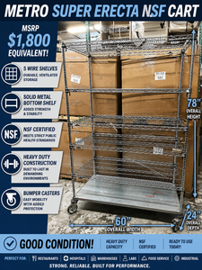 MSRP $1,800  Metro Super Erecta NSF Cart, 5 Wire Shelves w Solid Metal Bottom Shelf, 78in Heavy Duty Rolling Storage Unit w Casters, Commercial Organizer for Restaurant Warehouse Garage Shop - Good Condition