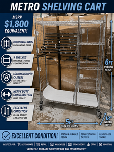 MSRP $1,800  Metro Shelving Cart w Horizontal Hanging Bars for Cords Hoses Tools &amp Packaged Parts Display, 5 Shelf Storage System, Locking Casters w Bumpers, 6ft x 5ft Heavy Duty Mobile Organizer for Warehouse Shop Garage Inventory