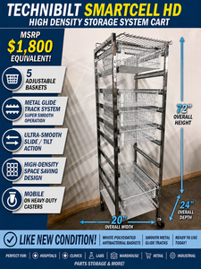 MSRP $1,800 Technibilt SmartCell HD Storage Cart - 5 White Polycoated Baskets wRemovable Inserts, Smooth Height Adjustable Metal Glide Track System, 6ft Mobile Unit, High Density Storage Organizer for Warehouse Shop Garage Retail Inventory - Like New