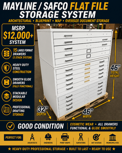 MSRP $12,000  (3) MaylineSafco Flat File Storage System, 15 Drawer Oversize Blueprint Map Cabinet Set, Heavy Duty Steel Drafting Files For Engineers Print Shops - See Pics For Exterior Condition All Drawers Clean Inside &amp Glide Smooth