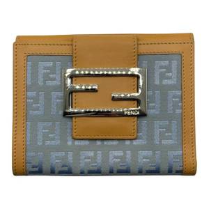 Fendi Light Blue x Beige Zucca Pattern Zucchino Canvas x Leather Compact Wallet Pre-Owned Retail $650