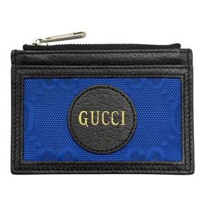 Gucci Blue GG Canvas x Black Leather Card Holder Zip Coin Case Pre-Owned Retail $495