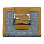 Fendi Light Blue x Beige Zucca Pattern Zucchino Canvas x Leather Compact Wallet; Pre-Owned Retail $650