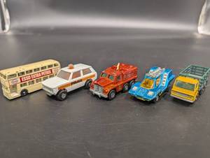 Matchbox Diecast Vehicles Lot - Esso Extra Petrol Bus, Police Car, Stake Truck (Lot of 6)