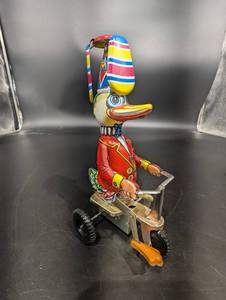 Vintage Tin Litho Duck Pull Toy on Metal Cart - Made in China