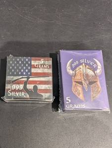Two 5-Gram .999 Silver Bars - Rifle Flag Design & Viking Helmet (Lot of 2)