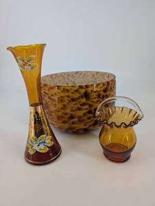 Amber Handblown Glass Vase Set - Floral Motif Tall Vase, Hammered Amber Bowl, Bud Vase