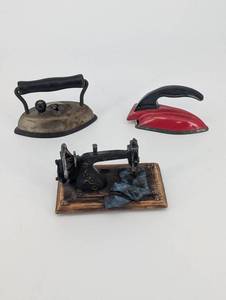 Mini Antique Coal Iron Pair on Ornate Wooden Base - 2-Piece
