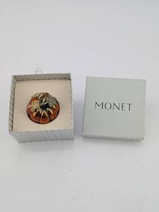 Monet Pumpkin Brooch Pendant with Green Rhinestones in Collectible Box
