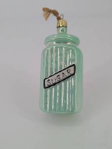 Mint Green Glass Sugar Jar Ornament - Gold Crown Cap, Jute Hanging Twine