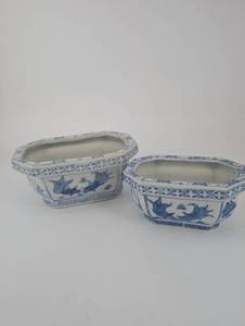 Blue and White Chinese Porcelain Hexagonal Planters - 2-Piece Set - Made in China