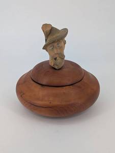 Hand-Carved Wood Bust with Hat on Round Pedestal - Folk Art Sculpture