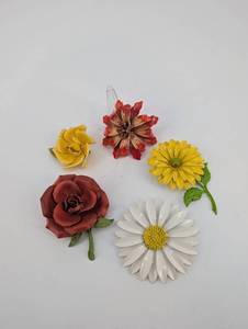 Metal Flower Brooches Assorted Set - Red Rose, Yellow Daisy, White Daisy Pins