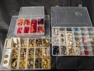 Assorted Vintage Buttons in Clear Organizer Boxes - Plastic, Shell & Metal