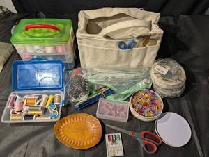 Sewing & Craft Supplies Assortment - Thread Spools, Ribbon, Beads, Scissors, Netting
