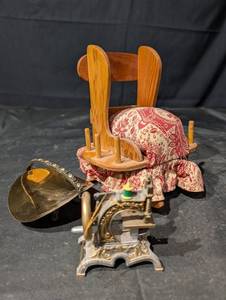 Sewing Pin Rocking Chair With Spool Holder And Other Sewing Items