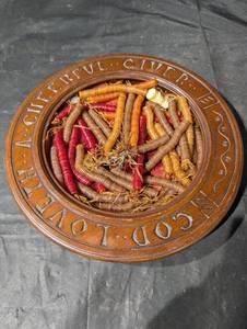 Antique Carved Wood Circular Bowl With Buttons