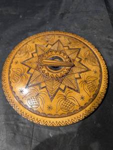 Round Pyrographed Wooden Trivet - Starburst Pattern, 9-10 Inch Diameter